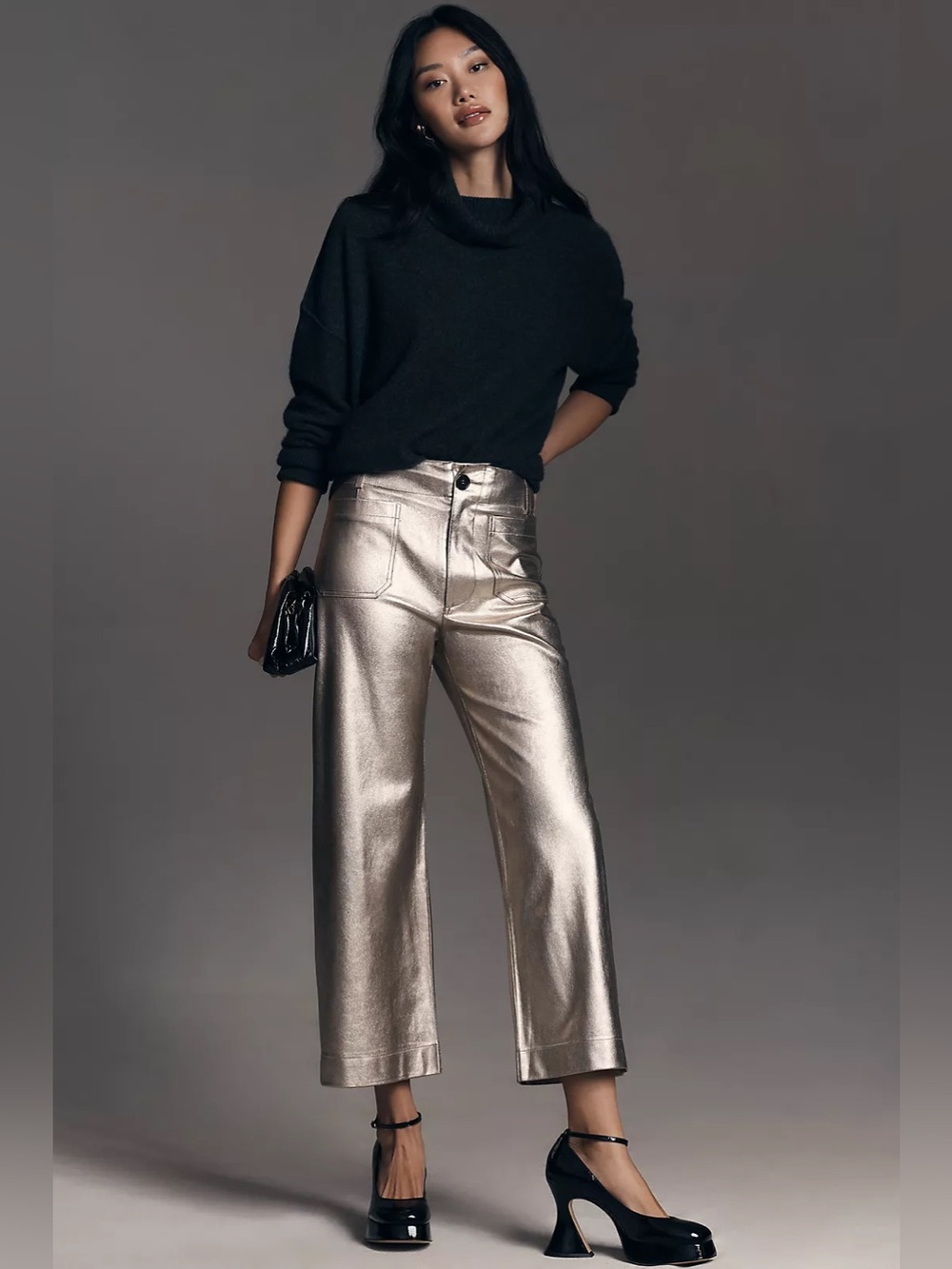 Maeve by Anthropologie The Colette Crop Wide Leg Gold Metallic Pant Sz 27 - Picture 5 of 11